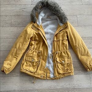 Yellow Hooded Parka with Faux Fur Trim